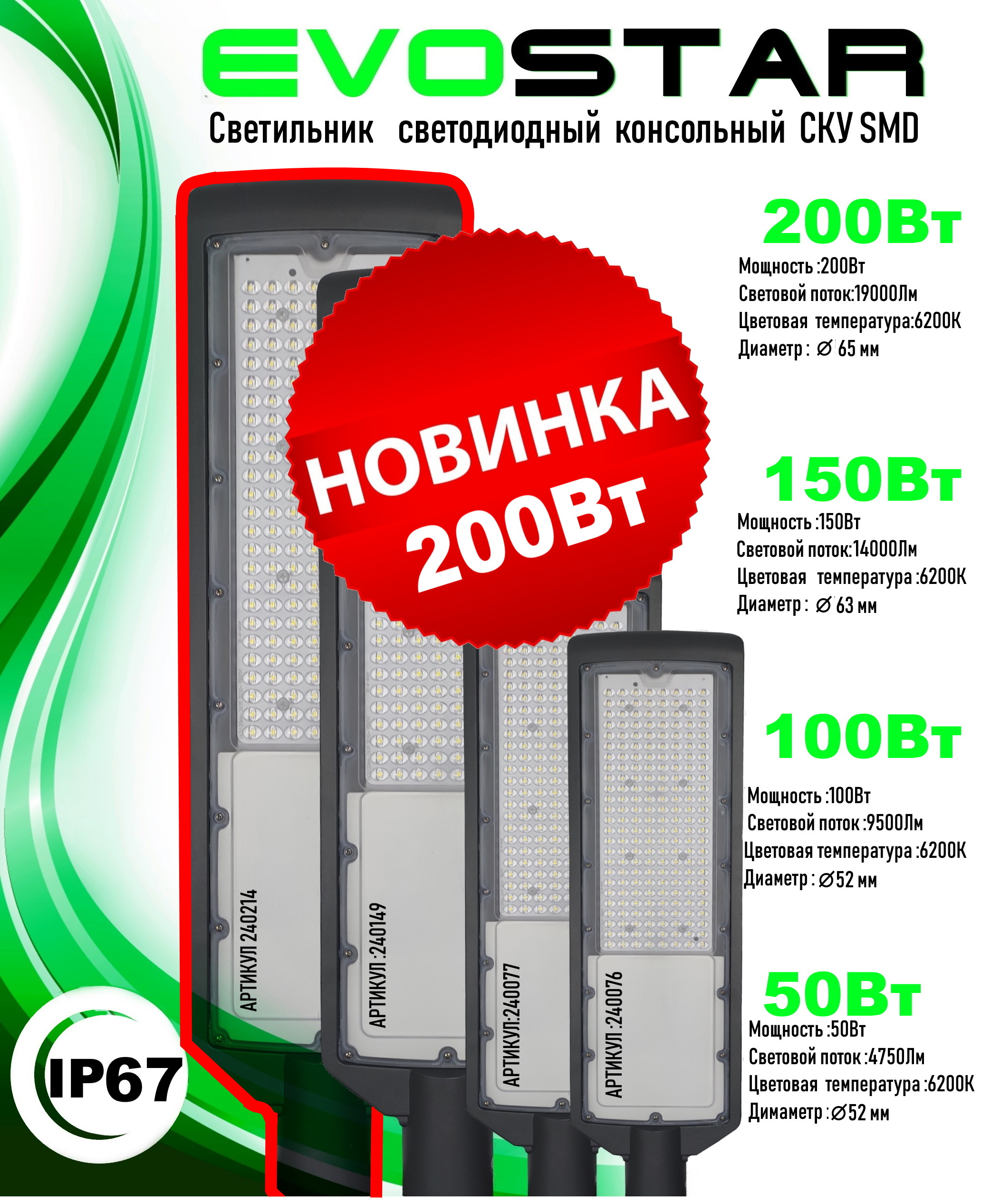 Светодиодный светильник консольный СКУ SMD 200Вт 19000лм угол 120° IP68 6200К