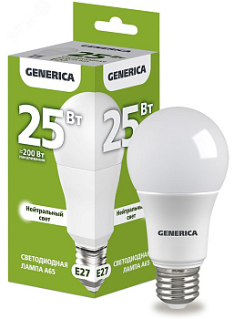 Лампа светодиодная A60 груша 25Вт 230В 4000К E27 GENERICA