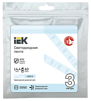 Лента LED 3м LSR-5050W60-14.4-IP20-12B 10мм белый цвет IEK