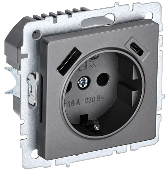 IEK BRITE BASE Сталь Розетка с з/к/ш 16А с USB A+C 18Вт РЮш11-1-БрС
